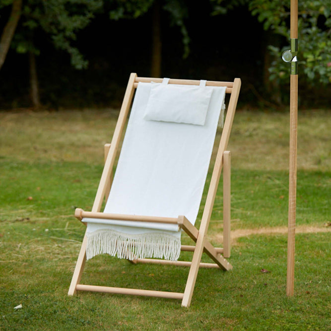 Cream Fringed Wooden Deck Chair with Head Cushion - Gardenesque