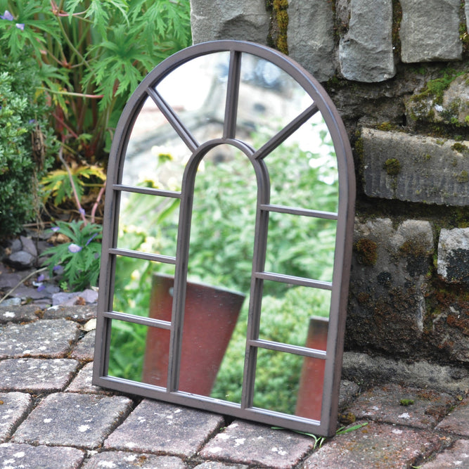 District Grey Metal Arch Garden Window Mirror available at gardenesque