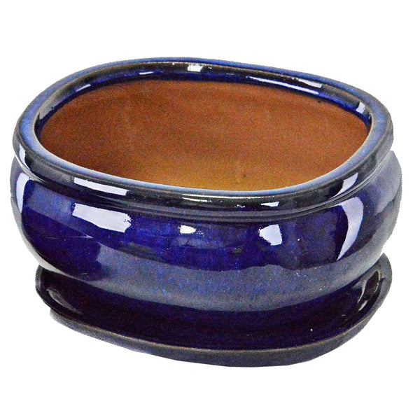 Dark Blue Ceramic Oval Bonsai Plant Pot with Dish - Gardenesque