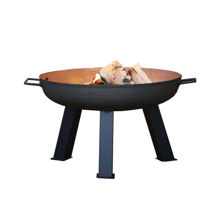 Small-sized Hoole Cast Iron Fire Pit Bowl with a sleek, black and silver finish, ideal for compact outdoor spaces and patio heating.