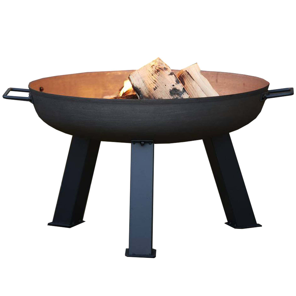 Hoole Cast Iron Fire Pit Bowl in a studio setting, showing its deep cast iron bowl and solid black steel legs. A frost-resistant fire pit for patios and gardens.