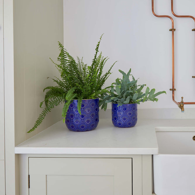 Geometric Royal Blue Flowers Ceramic Indoor Plant Pot - 2 Sizes