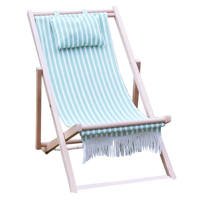 Green Striped Wooden Deck Chair with Head Cushion Gardenesque