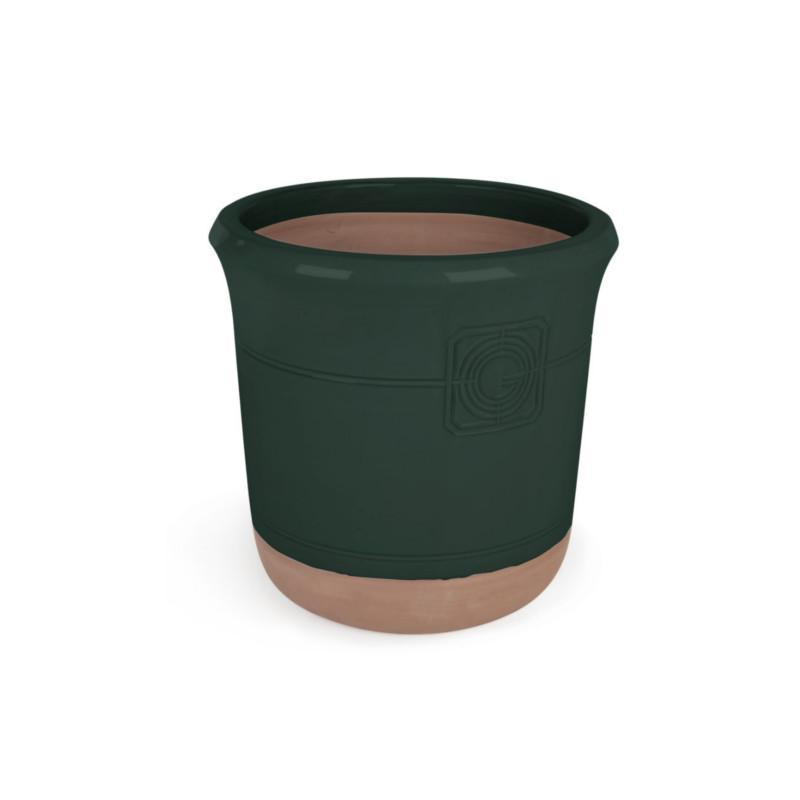 A standalone image of the green and terracotta planter against a white background, highlighting its elegant shape and color contrast.