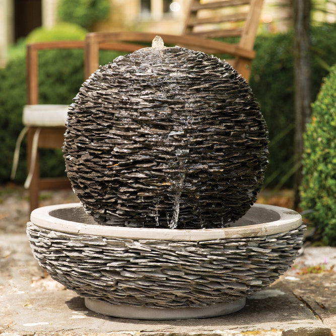 Globe Slate Water Feature with LED Light - Gardenesque