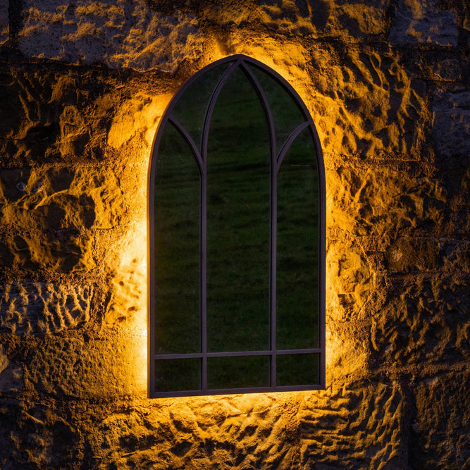 Backlit Arch Mirror – Solar Powered Garden Wall Light at Gardenesque