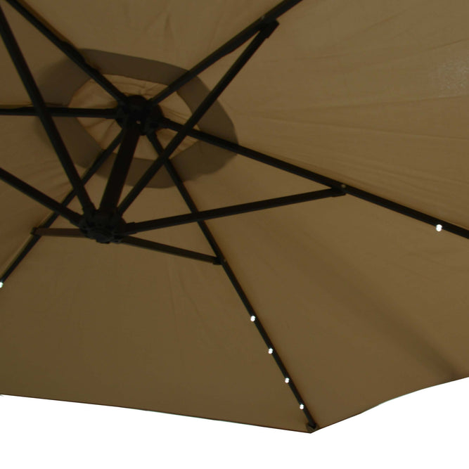 2.85m Taupe Cantilever Garden Parasol with Base & Solar Powered LED Lights available at Gardenesque