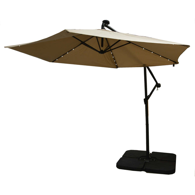 2.85m Taupe Cantilever Garden Parasol with Base & Solar Powered LED Lights available at Gardenesque