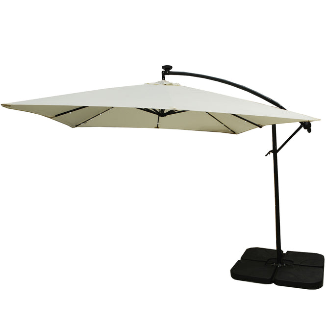 2.4m Cream Cantilever Garden Parasol with Base and LED Solar Powered Lights available at Gardenesque