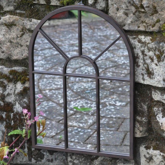 Provencial Black Metal Arch Industrial Garden Mirror available at gardenesque