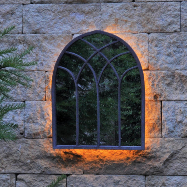 Arch Framed Solar Light Up Garden Mirror - Grey Metal at Gardenesque