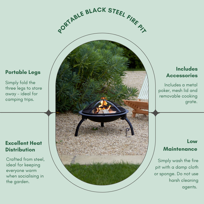 Portable Steel Fire Pit with Lid and metal poker at gardenesque