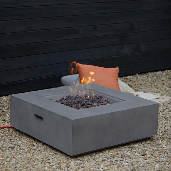 Grey Concrete Square Premium Outdoor Gas Fire Pit with Lava Rock