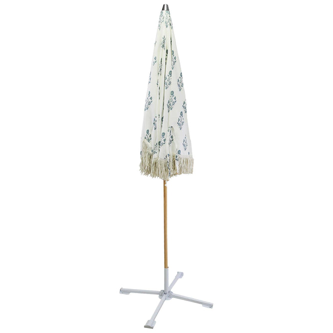 Cream & Blue Floral Fringed Garden Parasol with Metal Parasol Base