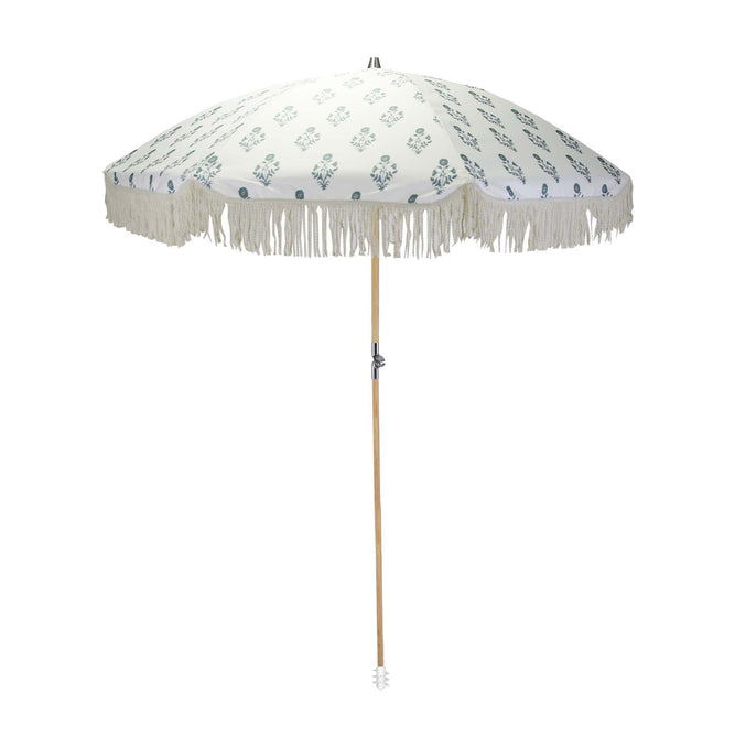 Cream & Blue Floral Fringe | Parasol with Base