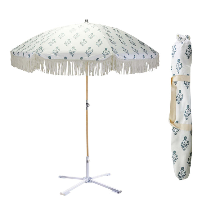 Cream & Blue Floral Fringed Garden Parasol with Metal Parasol Base and carry bag
