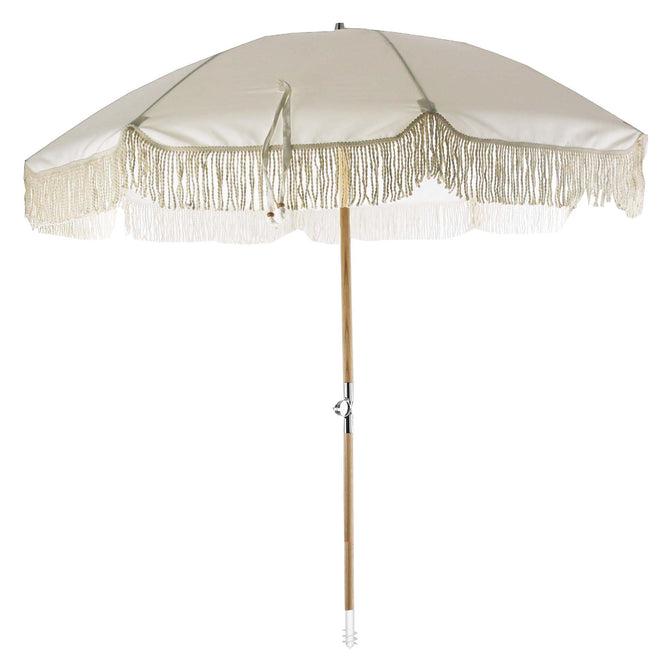 Cream Plain Fringed Garden Parasol with Metal Parasol Base