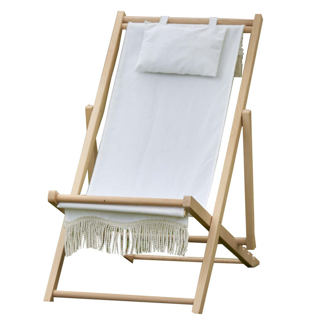 Cream Fringed Wooden Deck Chair with Head Cushion - Gardenesque