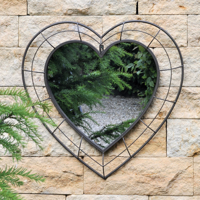 Decorative Heart Framed Outdoor Garden Mirror - Black Metal at Gardenesque