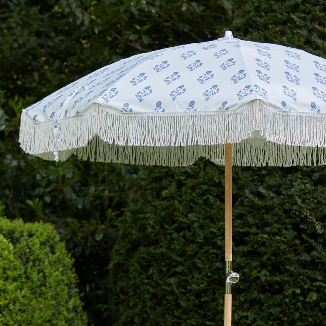 Cream & Blue Floral Fringed Garden Parasol with Metal Parasol Base at Gardenesque