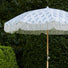 Cream & Blue Floral Fringed Garden Parasol with Metal Parasol Base at Gardenesque