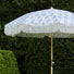 Cream & Blue Floral Fringed Garden Parasol with Metal Parasol Base at Gardenesque
