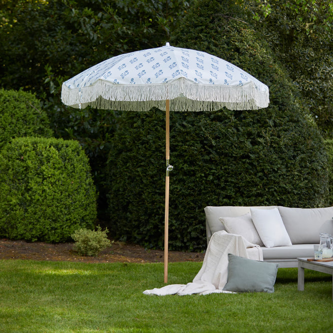 Cream & Blue Floral Fringed Garden Parasol with Metal Parasol Base at Gardenesque