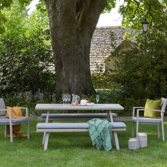 6 Seater Wood Effect Aluminium Garden Dining Set - Sherwood - Gardenesque