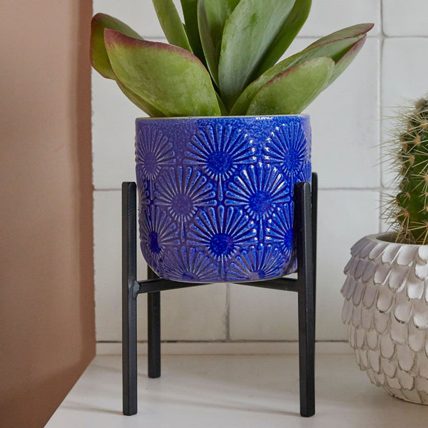 Geometric Royal Blue Flowers Ceramic Indoor Plant Pot - 2 Sizes