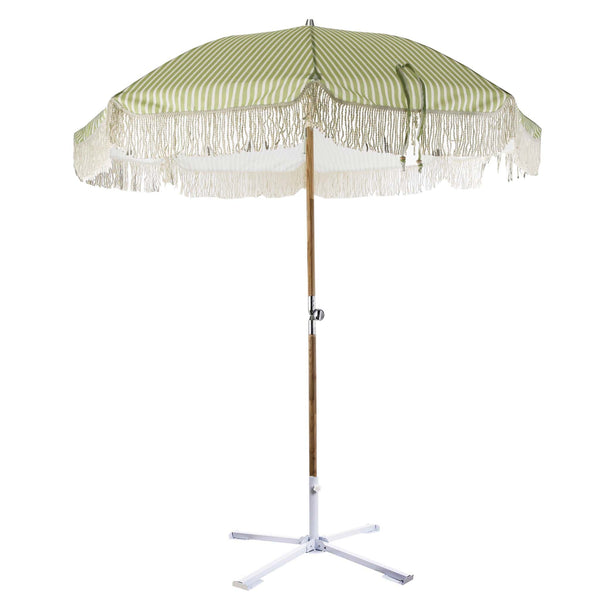 Green Striped Fringed Garden Parasol with Metal Parasol Base at Gardenesque