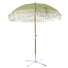 Green Striped Fringed Garden Parasol with Metal Parasol Base at Gardenesque