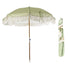 Green Striped Fringed Garden Parasol with Metal Parasol Base at Gardenesque