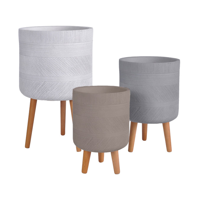 Grey Outdoor Plant Pot with Wooden Stand Legs – 3 Sizes & Colours at Gardenesque
