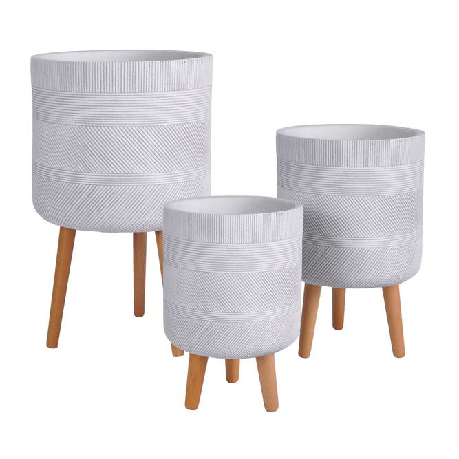 Grey Outdoor Plant Pot with Wooden Stand Legs – 3 Sizes & Colours at Gardenesque