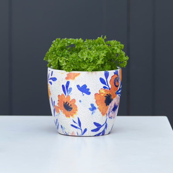 Indoor Plant Pot - Glazed Vintage Blue & Orange Flowers at Gardenesque