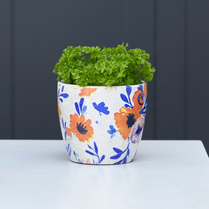 Indoor Plant Pot - Glazed Vintage Blue & Orange Flowers at Gardenesque