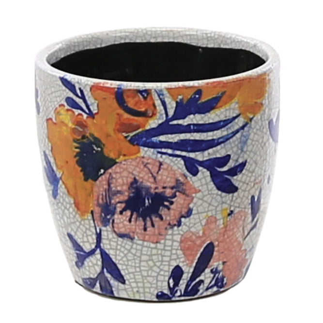Indoor Plant Pot - Glazed Vintage Blue & Orange Flowers at Gardenesque