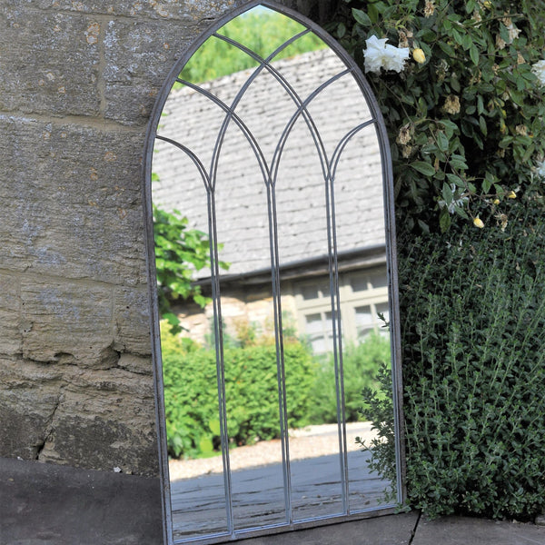 Large Arch Outdoor Garden Mirror - Grey Metal at Gardenesque