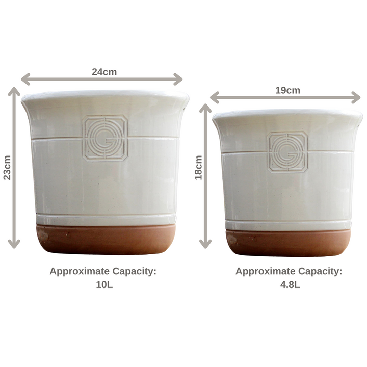 A diagram showcasing the planter’s available sizes, including height, width, and approximate capacity.