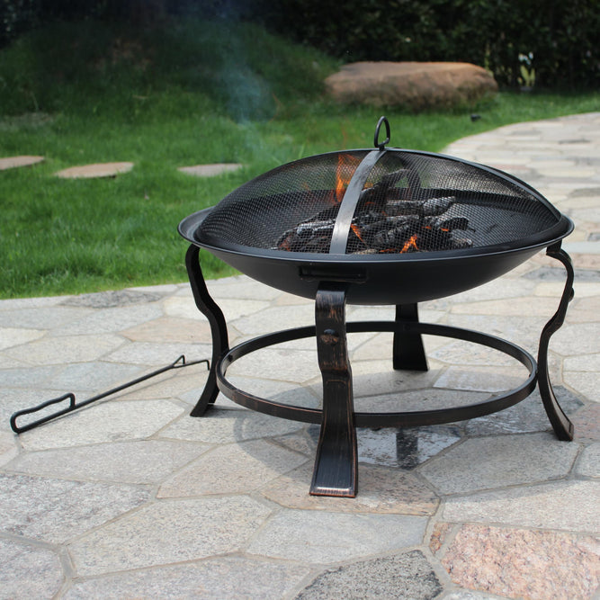 Metal Portable Round Fire Pit with Spark Guard Lid & Poker at Gardenesque