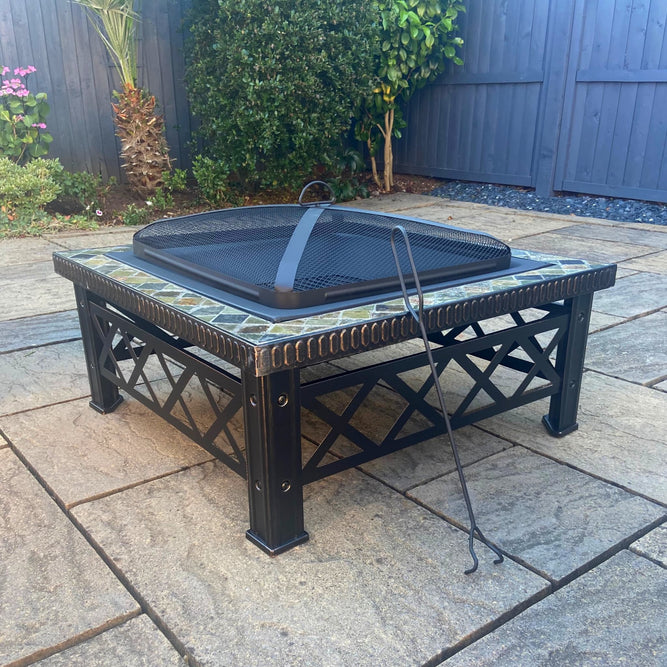 Mosaic Tiles Square Fire Pit Coffee Table with Spark Guard Lid - 76cm - Gardenesque
