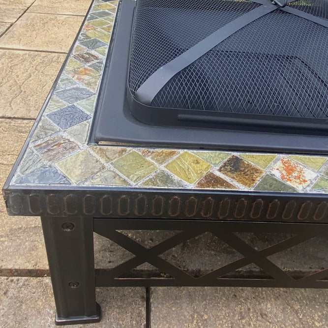 Mosaic Tiles Square Fire Pit Coffee Table with Spark Guard Lid - 76cm - Gardenesque