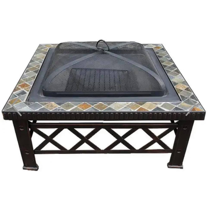 Mosaic Tiles Square Fire Pit Coffee Table with Spark Guard Lid - 76cm - Gardenesque