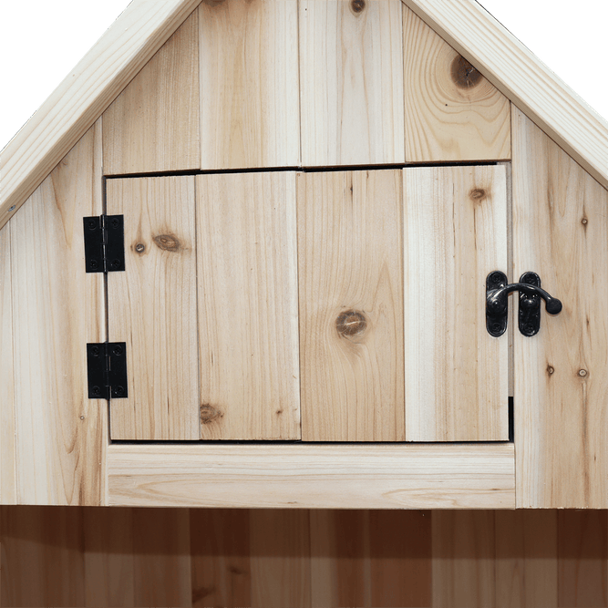 wooden garden tool shed with roof storage