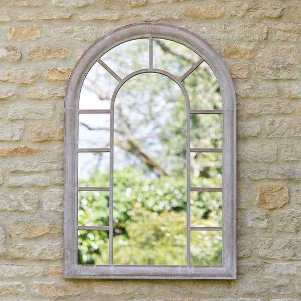 Norwich Grey Arch Window Garden Mirror available at gardenesque