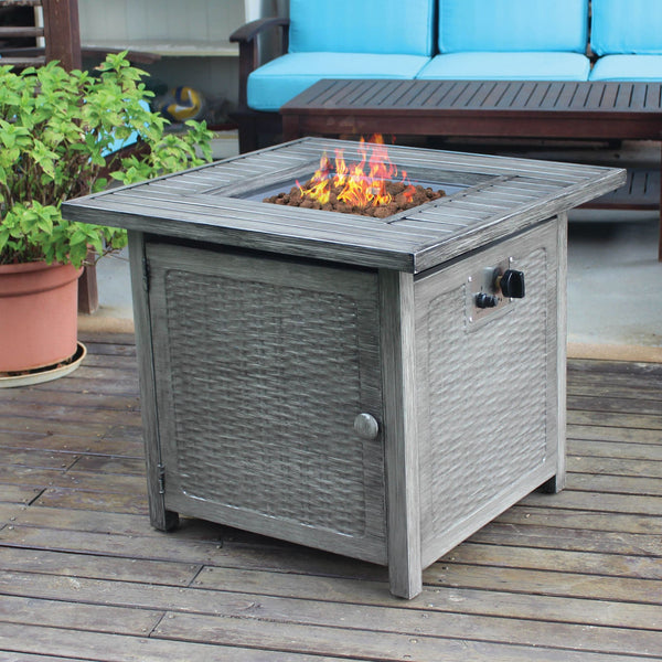 Outdoor Gas Fire Pit Table - Rattan Effect Light Grey at Gardenesque