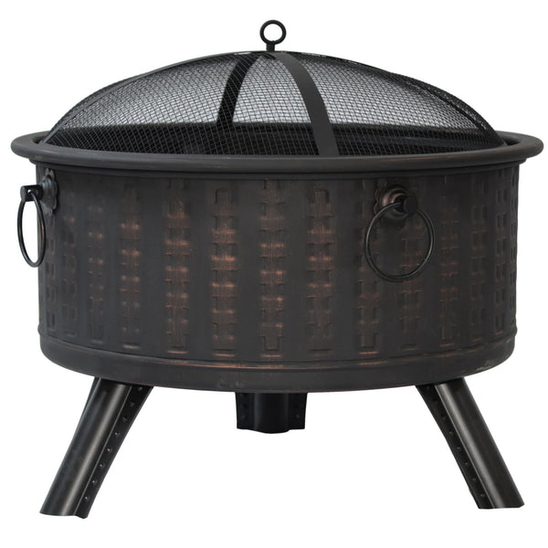 Portable Black Round Fire Pit with Metal Poker & Spark Guard Lid at Gardenesque