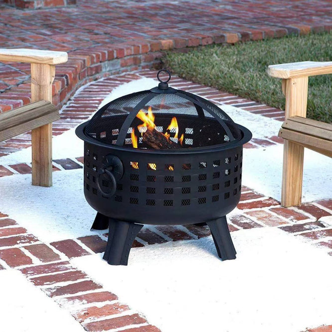 Portable Round Fire Pit with Decorative Squares & Spark Guard Lid - Gardenesque
