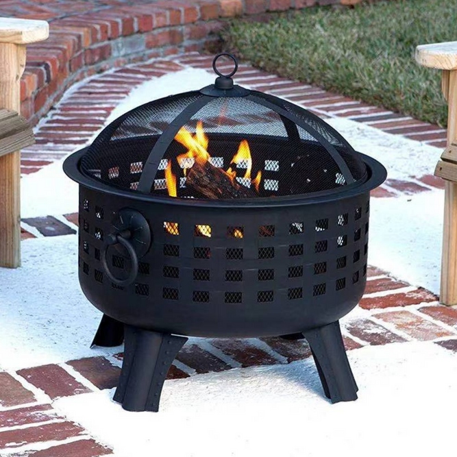 Portable Round Fire Pit with Decorative Squares & Spark Guard Lid - Gardenesque