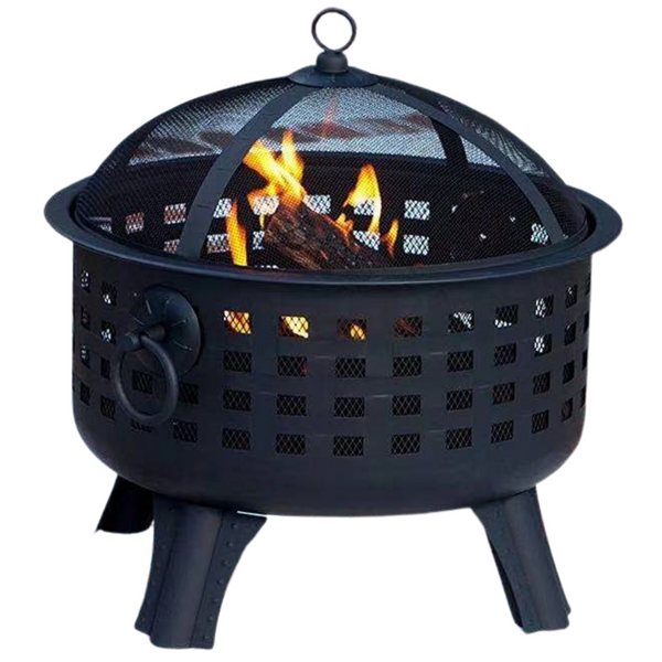 Portable Round Fire Pit with Decorative Squares & Spark Guard Lid at Gardenesque